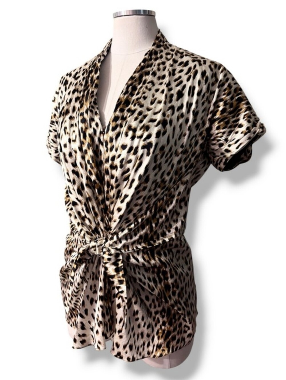 TADASHI SHOJI Leopard Printed Stretch Silk Tie-Front Blouse Size 12